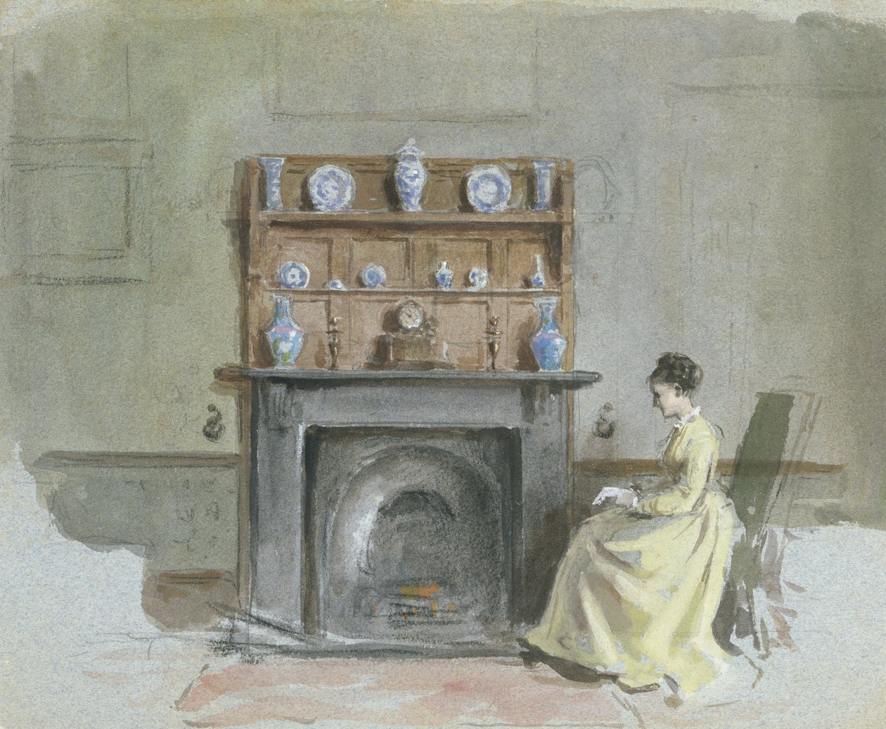 Dame sitter ved peis av George Goodwin Kilburne