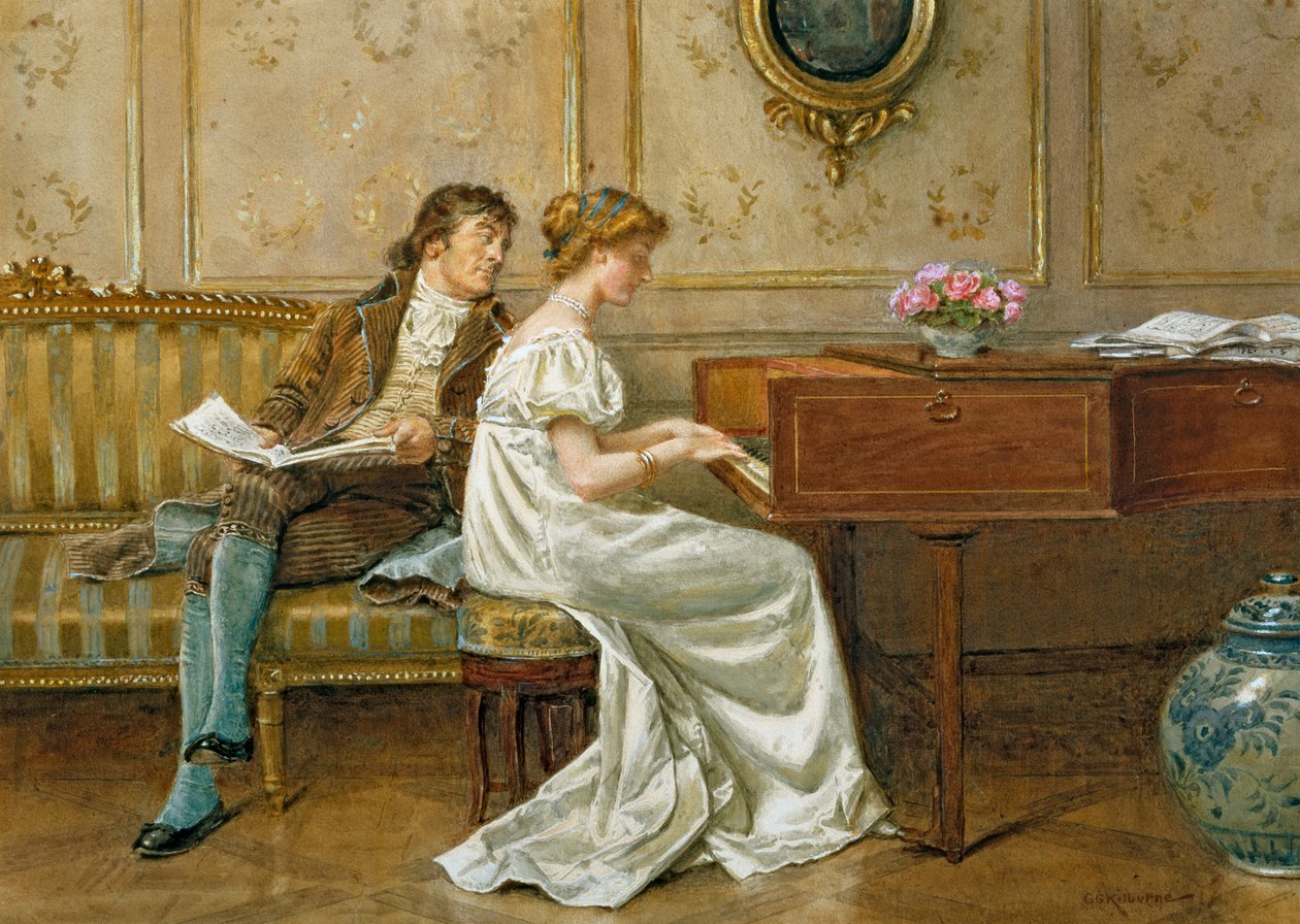 The New Spinet (blyant, wc og gouache på papir) av George Goodwin Kilburne