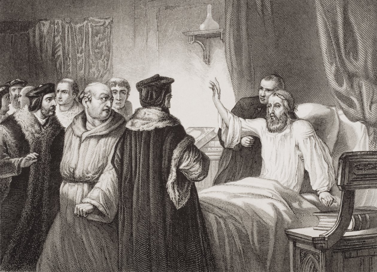 John Wycliffe (ca. 1330-84) på sin sykeseng angrepet av brødrene i Oxford, 1378, fra 