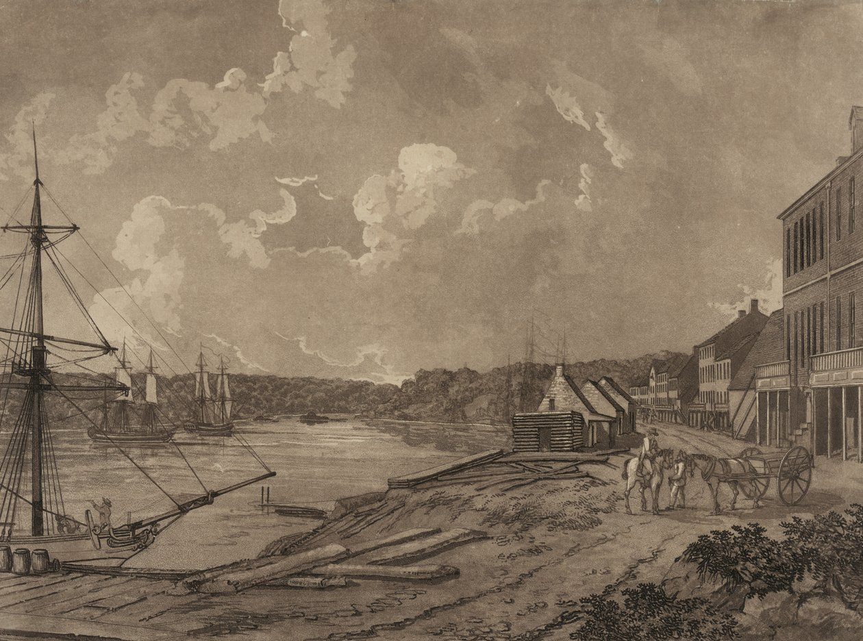 Utsikt over forstedene til byen Washington (Georgetown vannkanten), ca. 1795 (akvatint) av George Isham Parkyns