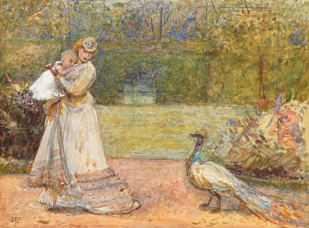 Lady and a Peacock (blyant og wc forhøyet med hvitt på papir) av George John Pinwell