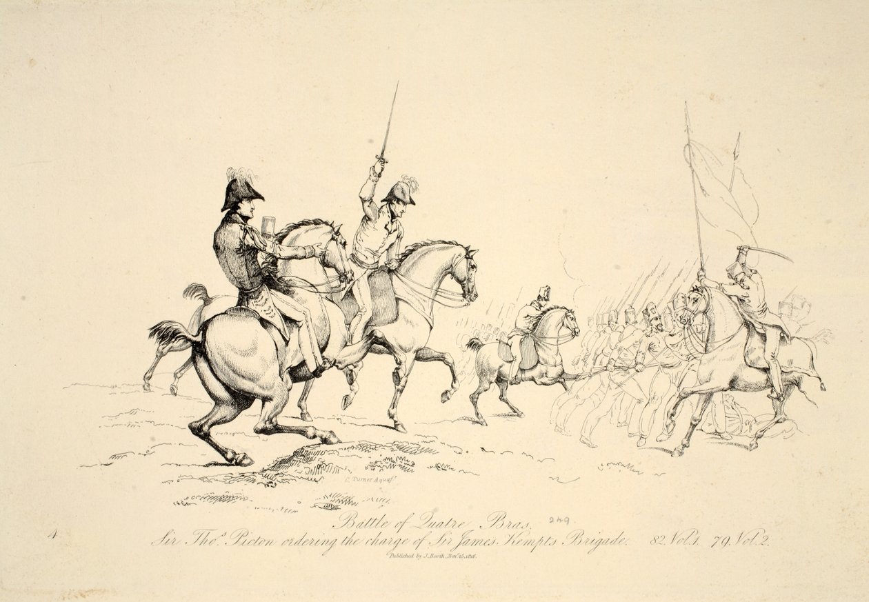 Battle of Quatre Bras: Sir Thomas Picton beordrer Charge of Sir James Kempts Brigade, pub. J. Booth, 1816 av George Jones