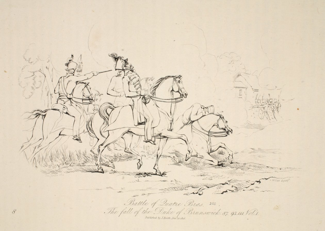 Battle of Quatre Bras: The Fall of the Duke of Brunswick, pub. J. Booth, 1816 av George Jones