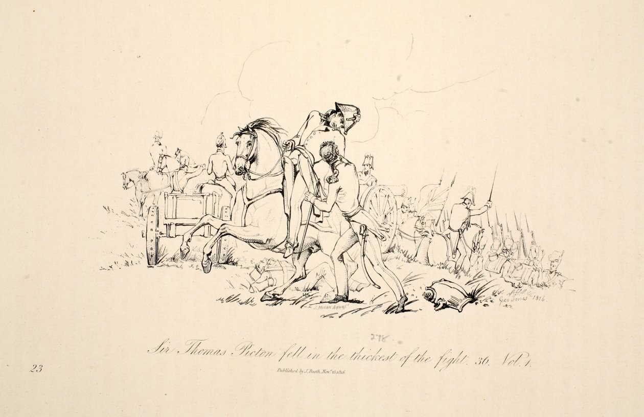 Sir Thomas Picton falt i kratt av kampen, pub. J. Booth, 1816 av George Jones