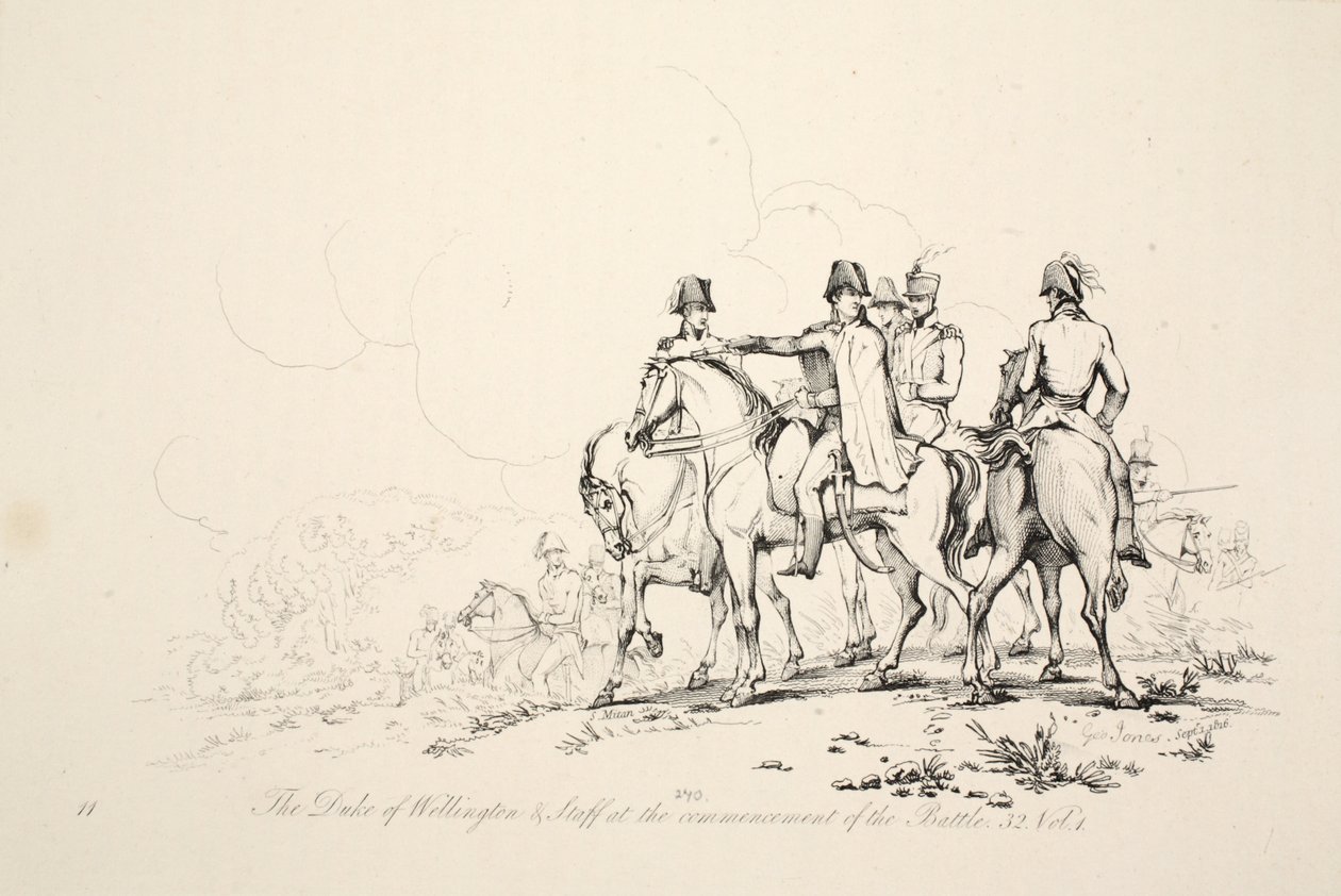 Hertugen av Wellington og staben ved begynnelsen av slaget, pub. J. Booth, 1816 av George Jones