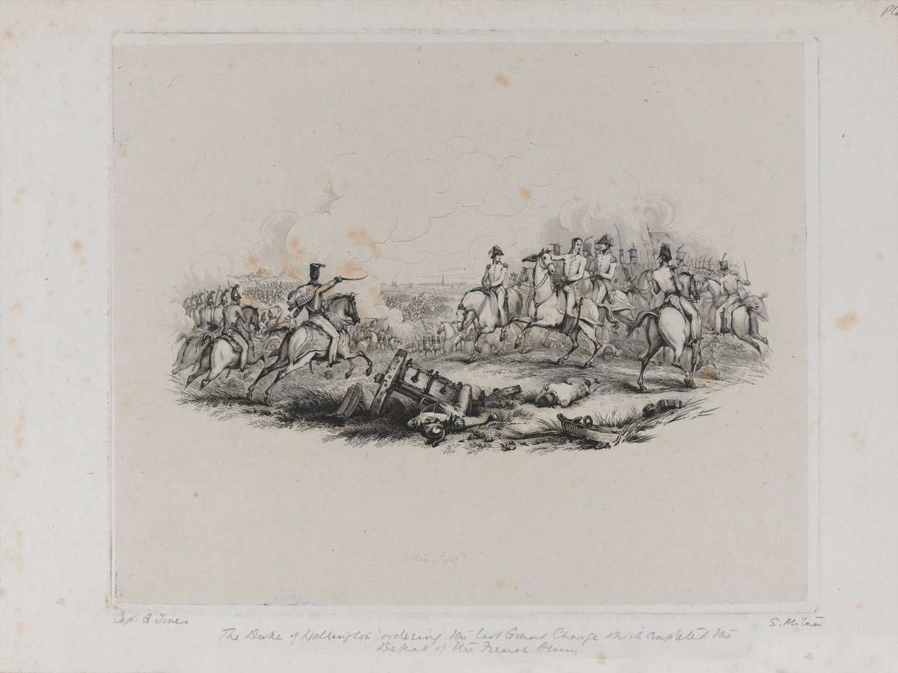 Det minneverdige slaget ved Waterloo - Hertugen av Wellington beordret den siste store anklagen som fullførte nederlaget til den franske hæren, gravering av Samuel Mitan, 1817 av George Jones