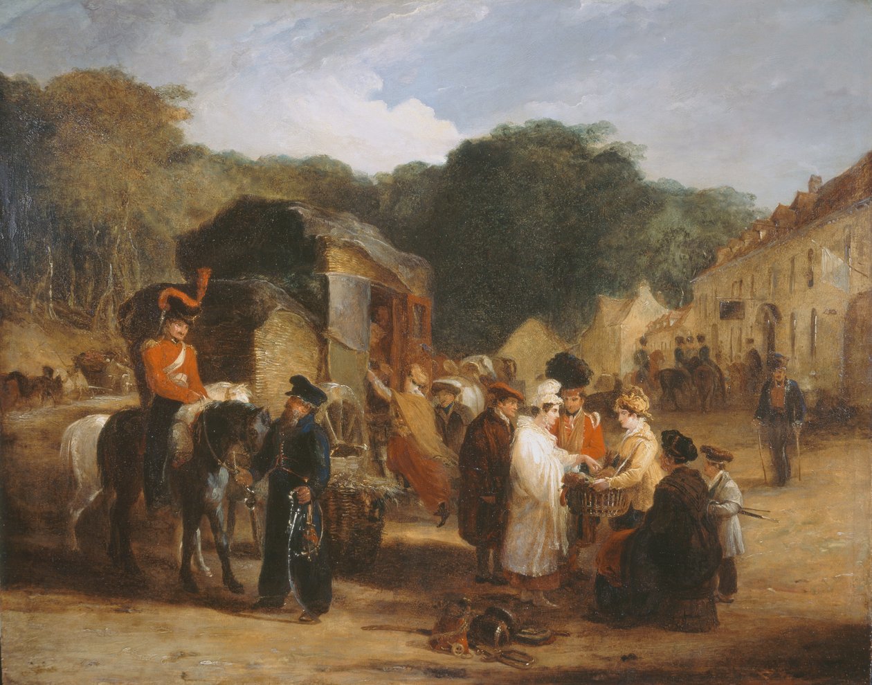 Landsbyen Waterloo, med reisende som kjøpte relikviene som ble funnet i kampfeltet, 1815, ca. 1821 av George Jones