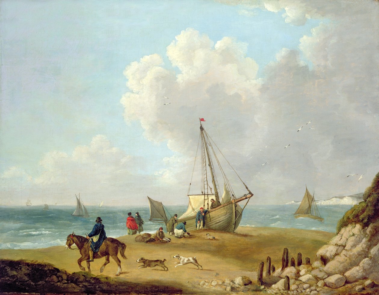 Fiskere losser fangsten i Freshwater Bay, Isle of Wight av George Morland