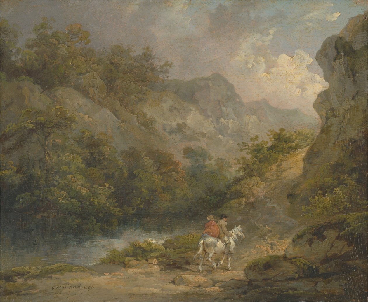 Steinete landskap med to menn på en hest av George Morland
