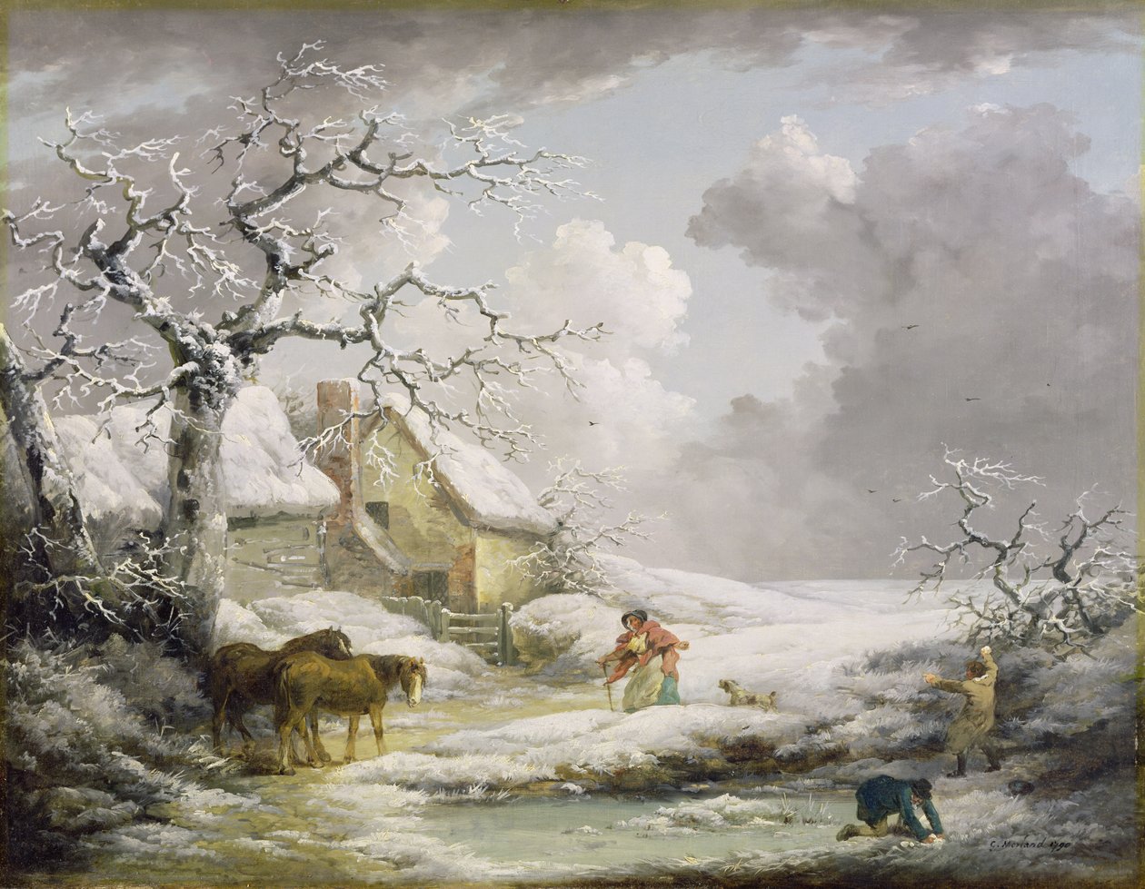 Vinterlandskap med menn som snøballer en gammel kvinne, 1790 av George Morland