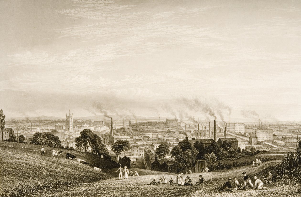 General View of Stockport, Lancashire som viser bomullsfabrikker, utgitt av J.C. Varrall (fl.1815-27) 1830-tallet av George Pickering