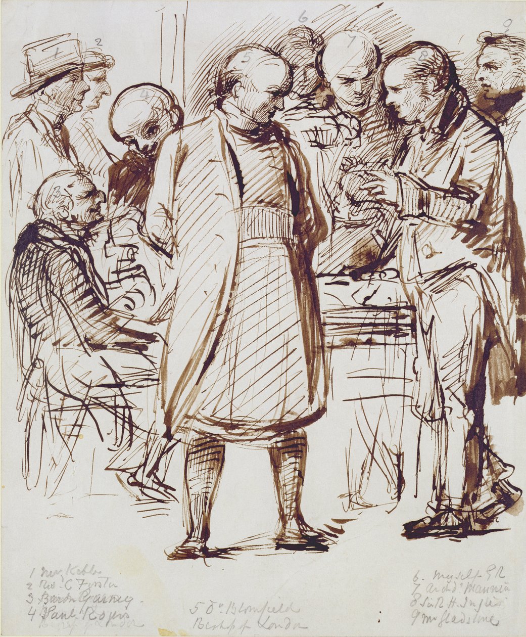 En gruppe kirkemenn og politikere inkludert John Keble (1792-1866) og William Gladstone (1809-98) i samtale med biskopen av London på Fulham Palace (penn, brunt blekk og stubbe) av George Richmond