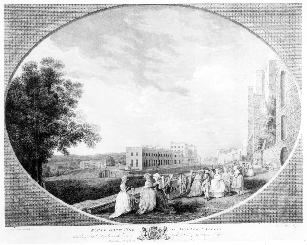 Sørøst-utsikt over Windsor Castle, med kongefamilien på terrassen og utsikt over dronningens palass, gravert av James Fittler, 1783 av George Edward Robertson