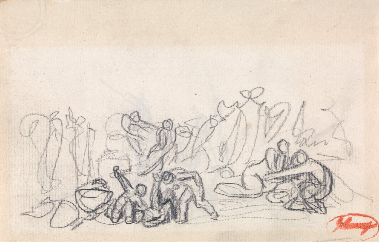 Gruppe av figurer, muligens kvinner og barn som leker av George Romney