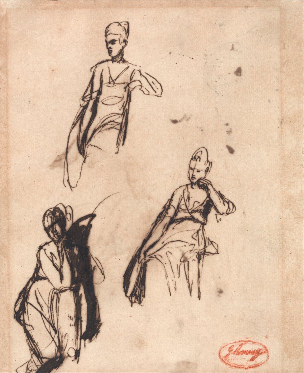 Sittende kvinne- tre poser av George Romney