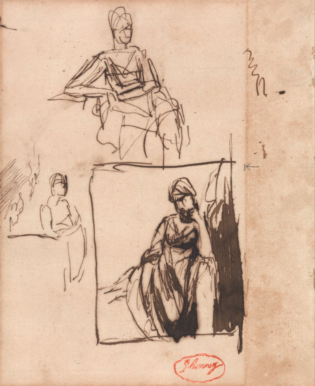 Sittende kvinne- tre poser av George Romney