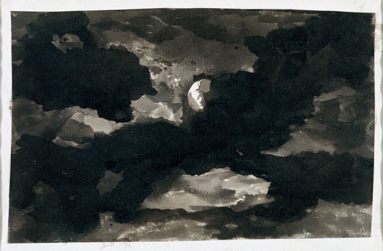 Studie av en skyet månebelyst himmel (svart vask på lagt papir) av George Romney