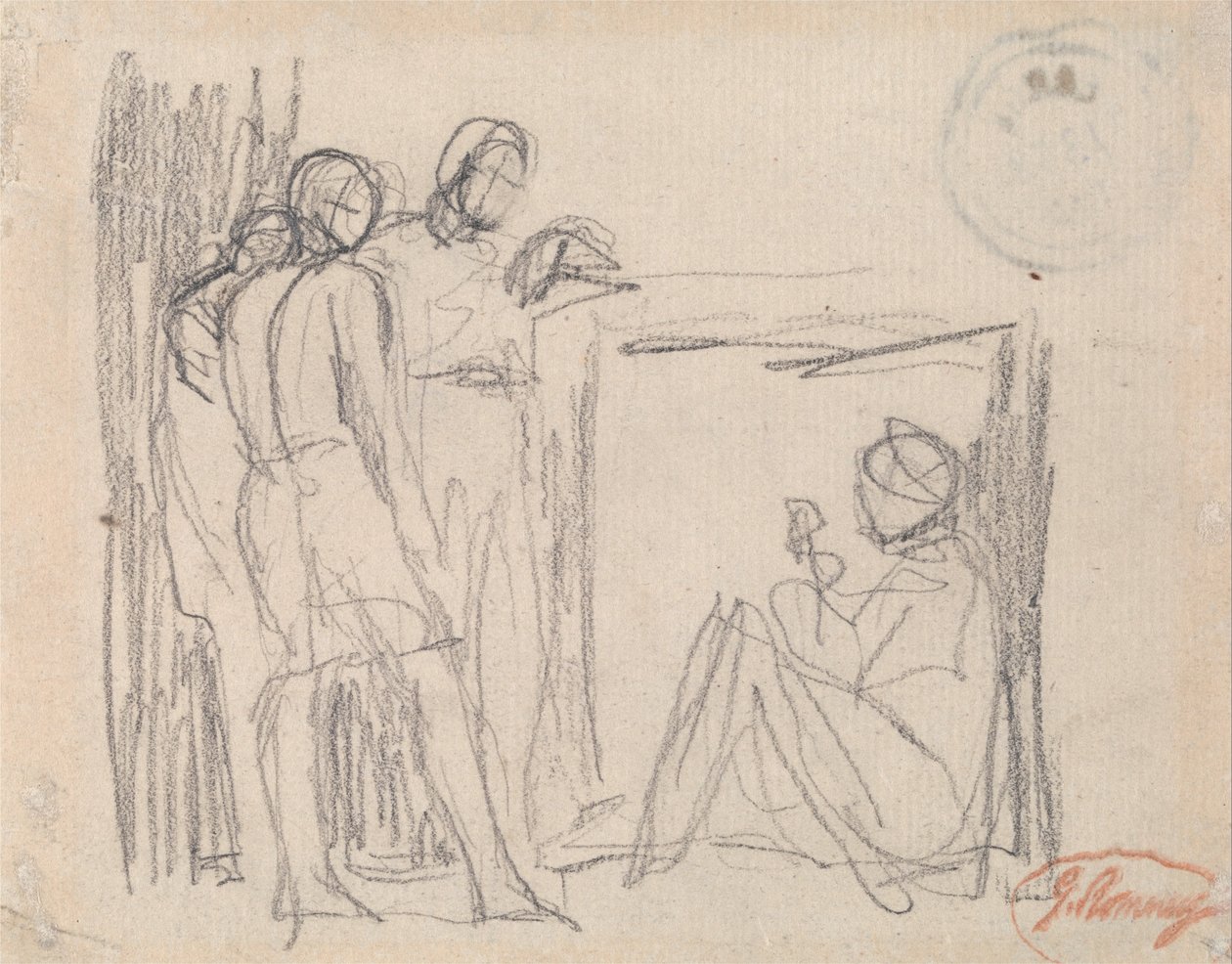 Tre stående figurer foran en sittende figur av George Romney