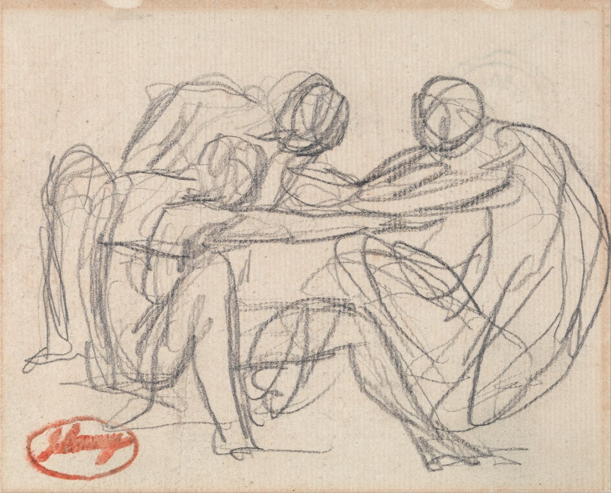 To knelende figurer som sliter med en sittende figur av George Romney
