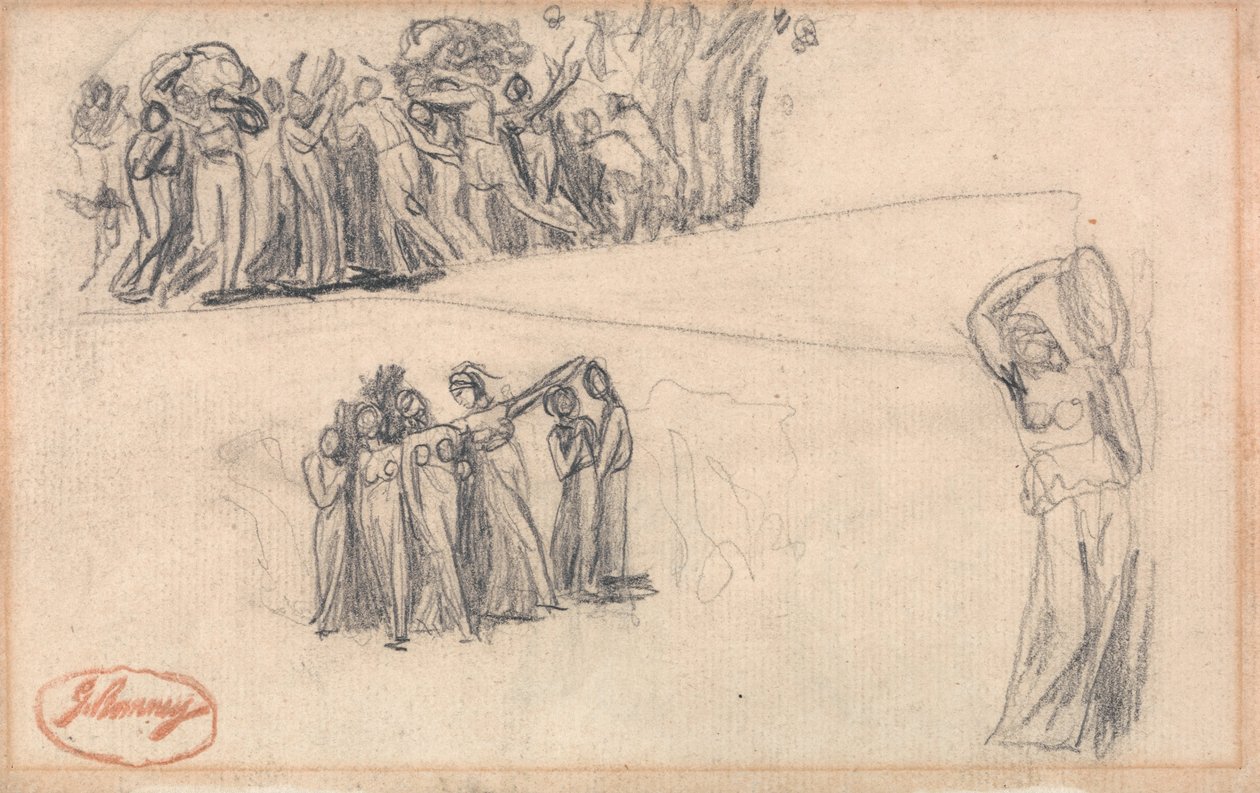 To skisser av kvinner og barn som flykter og står kvinnelige figurer som spiller tamburin som for Lady ... av George Romney
