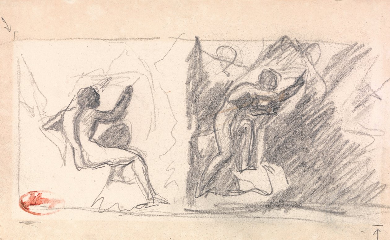 To skisser- Sittende mannlig naken, sett bakfra; Stående figur, Gesticulating av George Romney