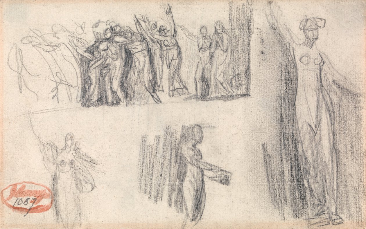 Kvinner og barn som flykter og tre skisser av en stående kvinnefigur av George Romney