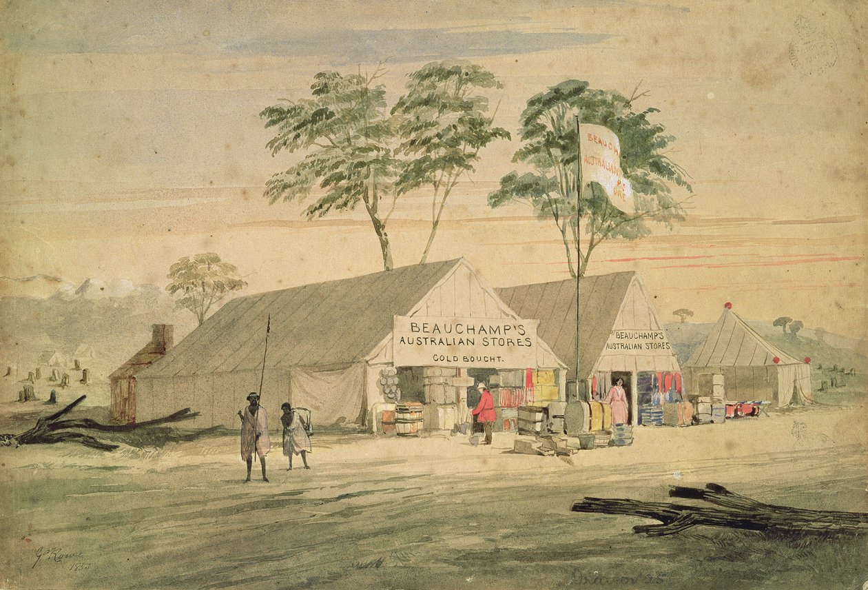 Beauchamps australske butikker, Victoria Place, Bendigo, 1853 av George Rowe