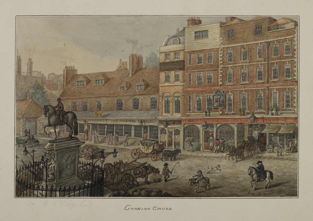 Utsikt over Charing Cross som viser hestetrukne kjøretøy, figurer og Dublin Hotel Tavern and Coffee House, 1807 (wc på papir) av George Shepherd