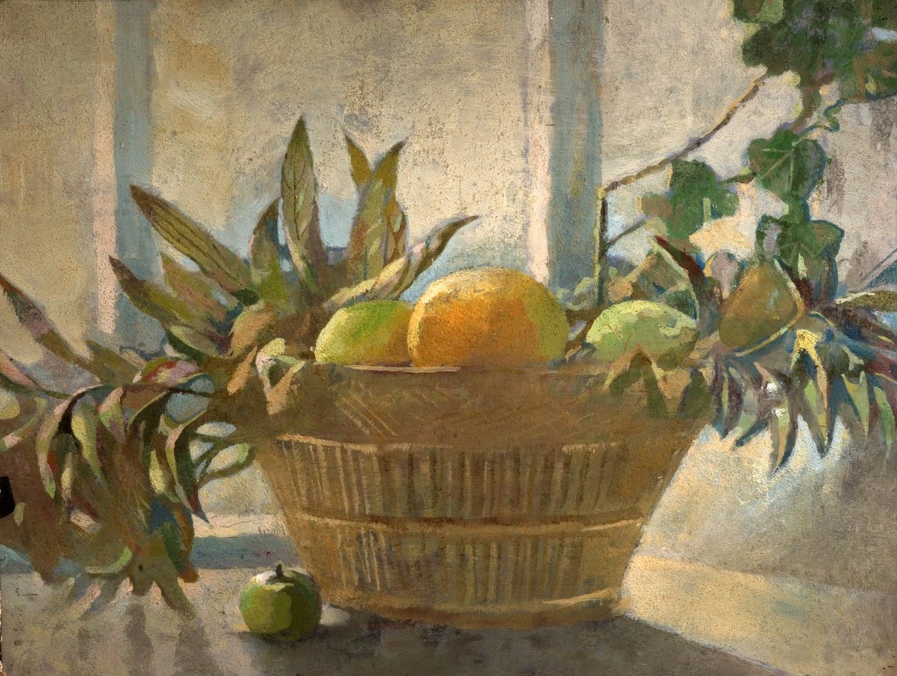 Frukt og blader i en kurv (tempera på tre) av George Sheringham