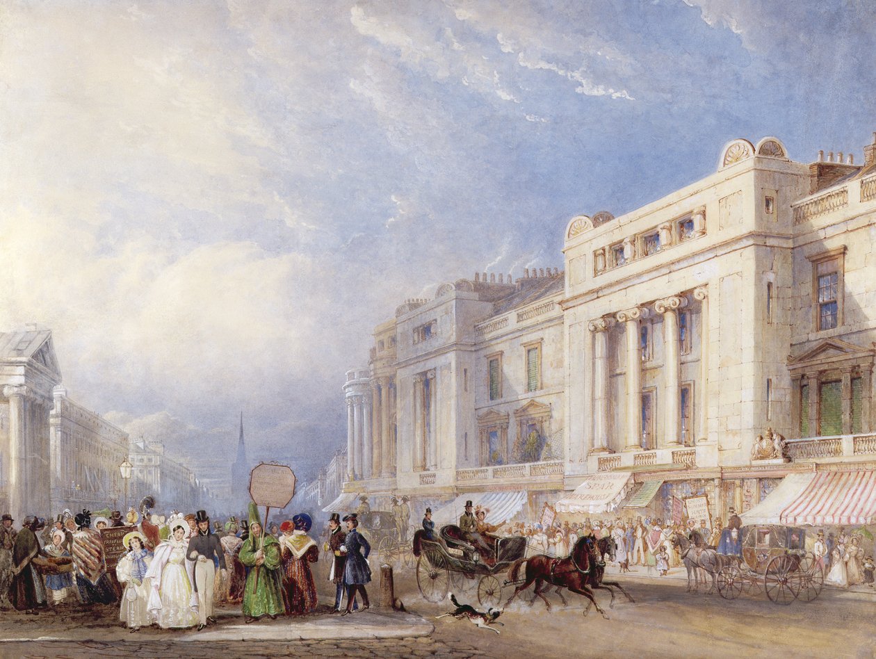 Regent Street, London, ser nordover, med Dickins og Jones til høyre, og Hanover-kapellet til venstre, 1835 (wc und gouache over blyant) av George Shepherd