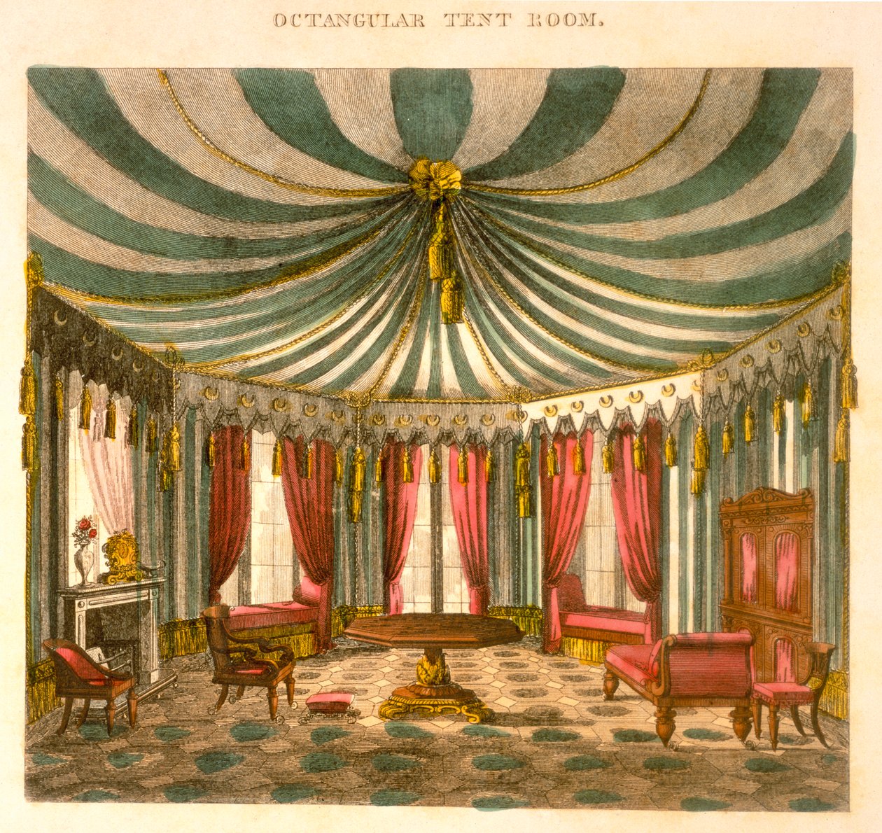 Oktangulært teltrom, fra møbelsnekker- og møbelstopperveiledningen, er en komplett tegnebok, Pub Jones und Co, Smith, George (1783-1869), 1826, farget gravering av George Smith