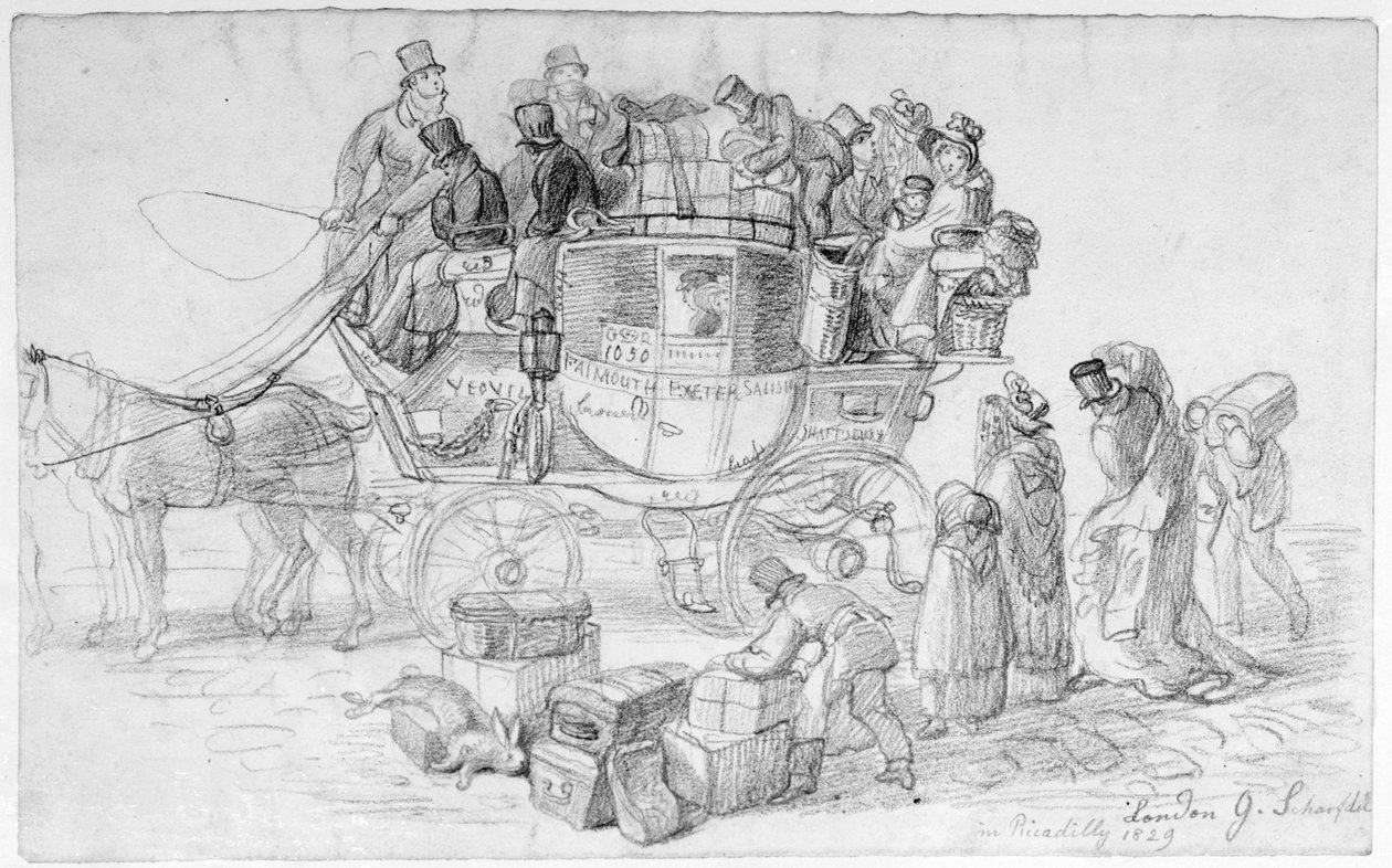 En West Country Mail Coach forlater Piccadilly, 1829 av George Snr Scharf