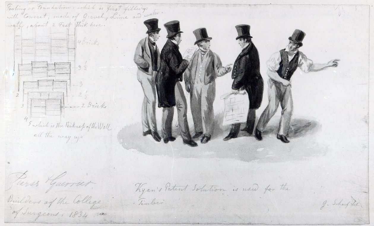 Byggere, landmålere og arkitekter ved bygningen til Royal College of Surgeons, 1834 av George Snr Scharf
