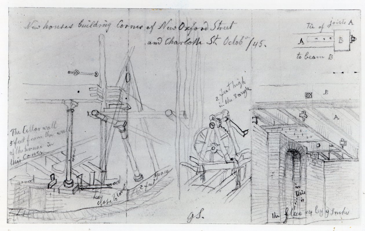 Bygge nye hus på hjørnet av New Oxford Street og Charlotte Street, 1845 av George Snr Scharf