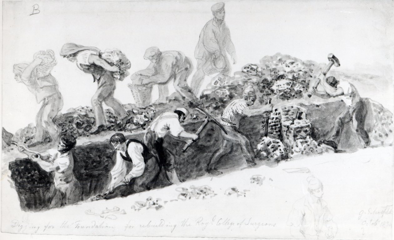 Graver et hull for grunnlaget for Royal College of Surgeons, 1834 av George Snr Scharf