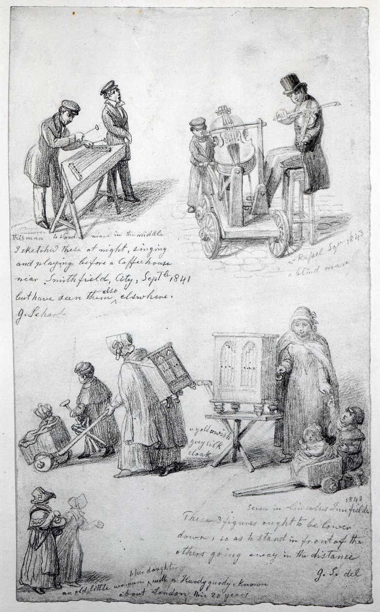 Musikere på gatene i London, 1841-43 av George Snr Scharf