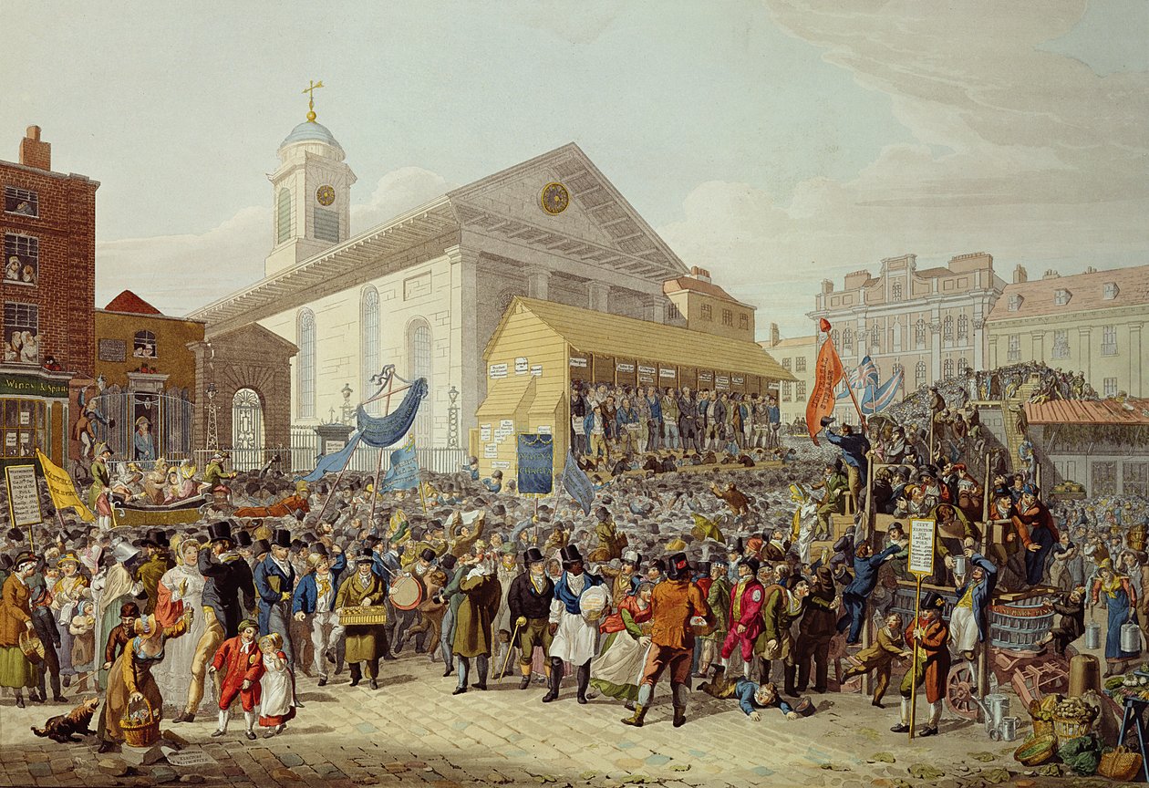 Representasjon av valget av parlamentsmedlemmer for Westminster, 1818 av George Snr Scharf