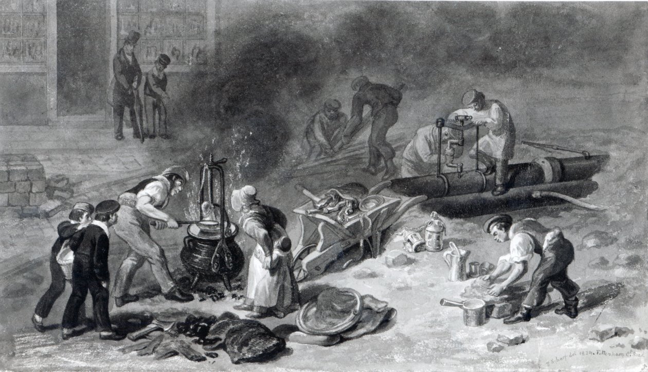 The Laying of the Water-Main i Tottenham Court Road, 1834 (akvarell på papir) av George Snr Scharf