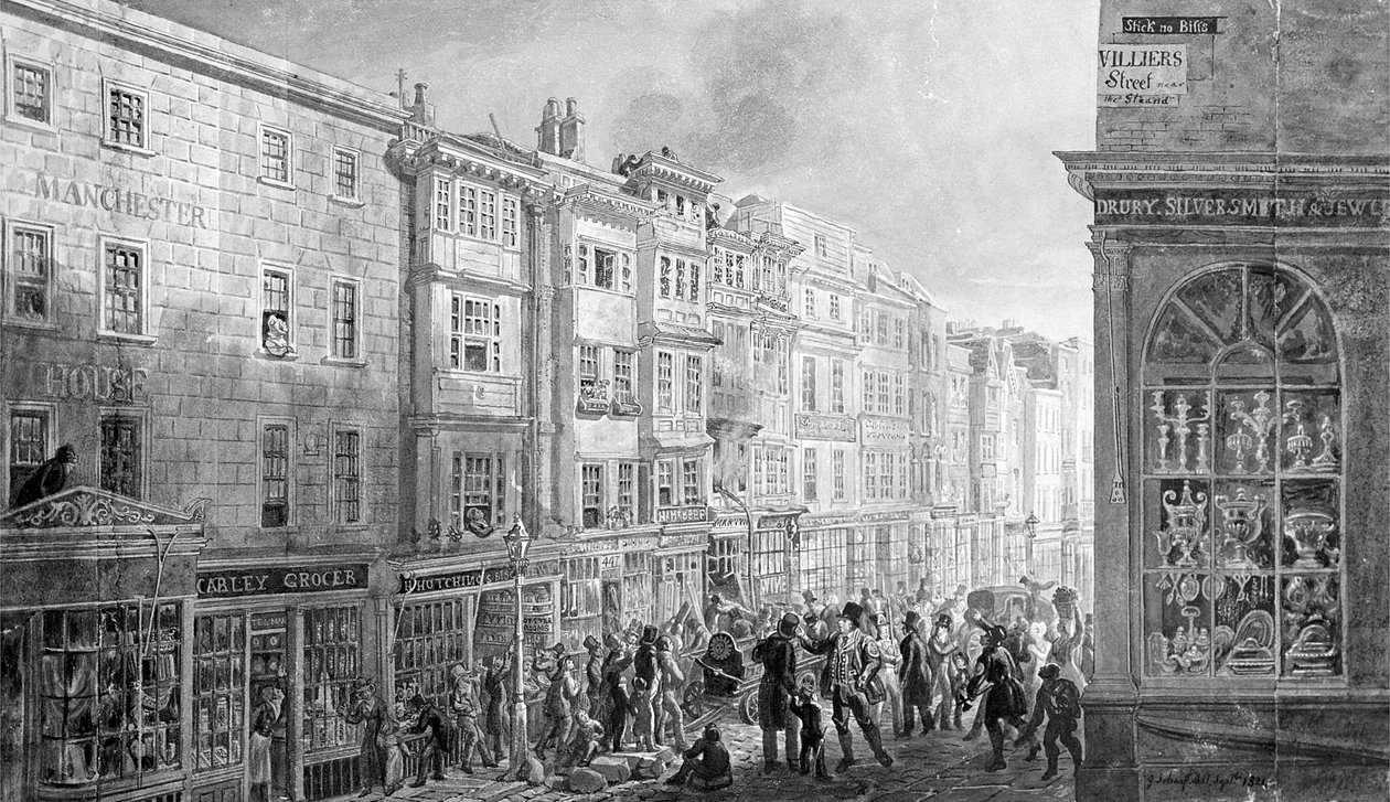 The Strand fra hjørnet av Villiers Street, 1824 (wc på papir) av George Snr Scharf
