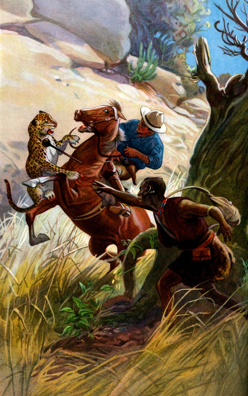 Gepard og afrikansk stammemann angriper hest og rytter av George Soper