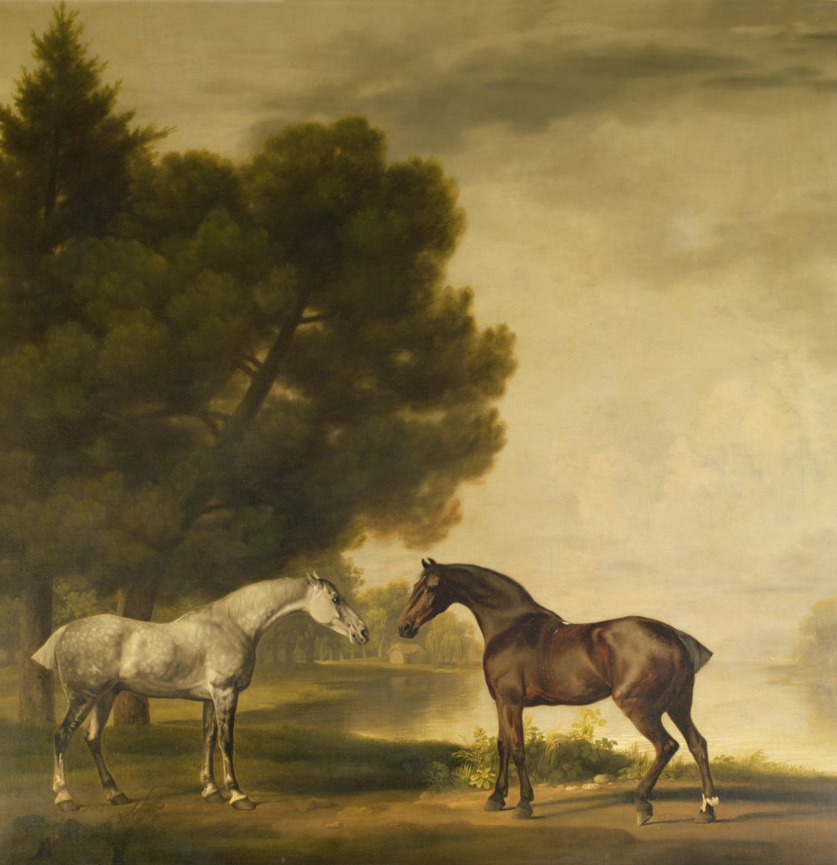 En grå og en bukt i et landskap av George Stubbs