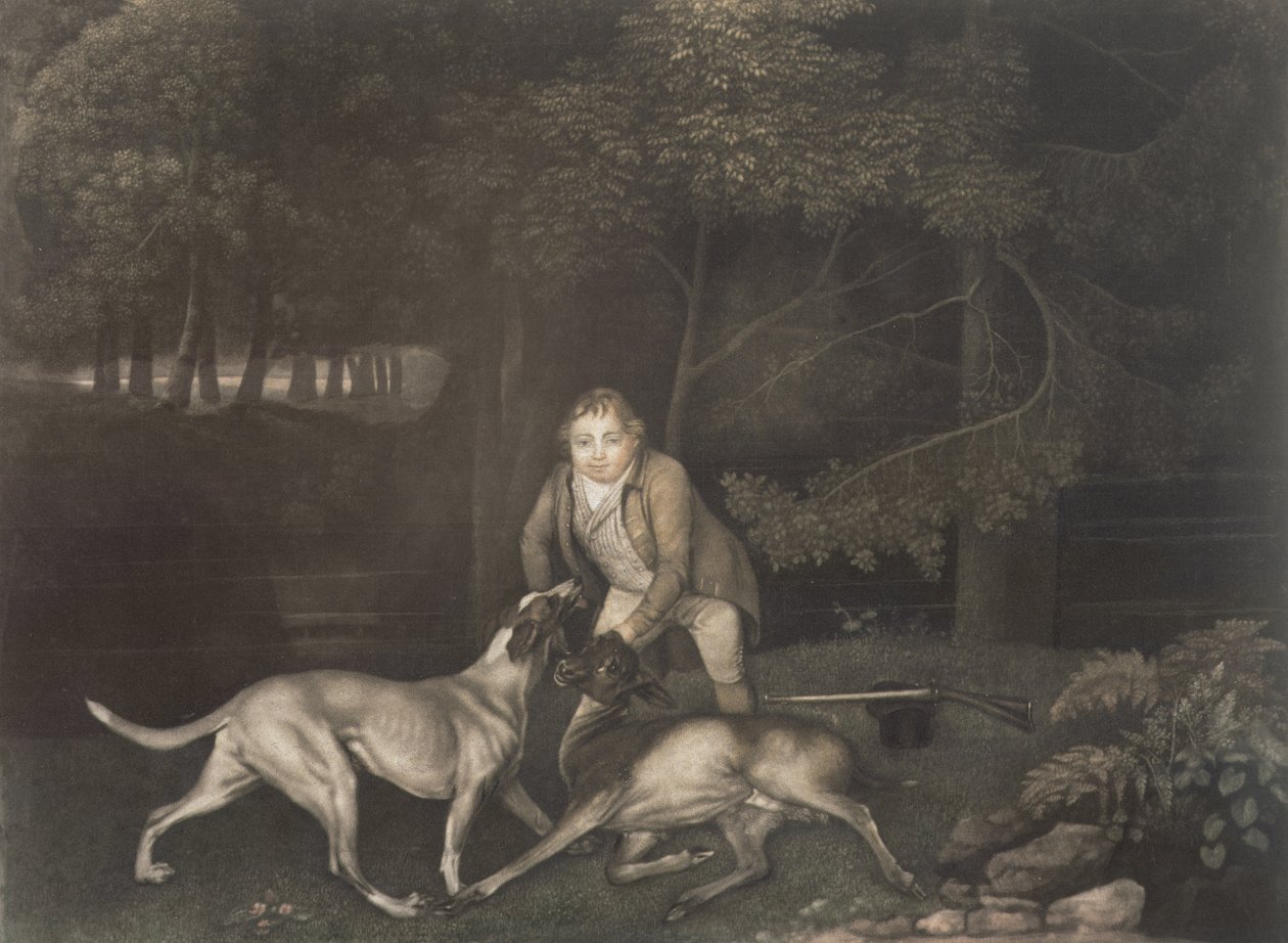 Freeman, keeper til jarlen av Clarendon, med en hund og en såret doe, 1804 (mezzotint) av George Stubbs