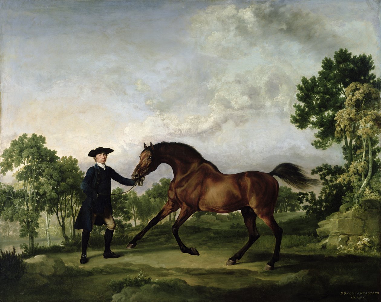 Hertugen av Ancasters bukthingst Blank, holdt av en brudgom, ca. 1762-5 av George Stubbs