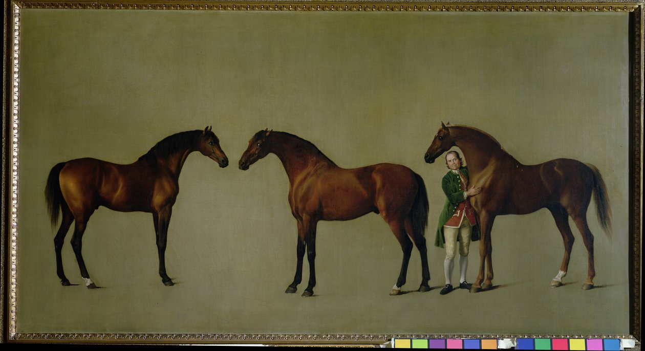 Whistlejacket og to andre hingster med Simon Cobb, brudgommen, 1762 av George Stubbs
