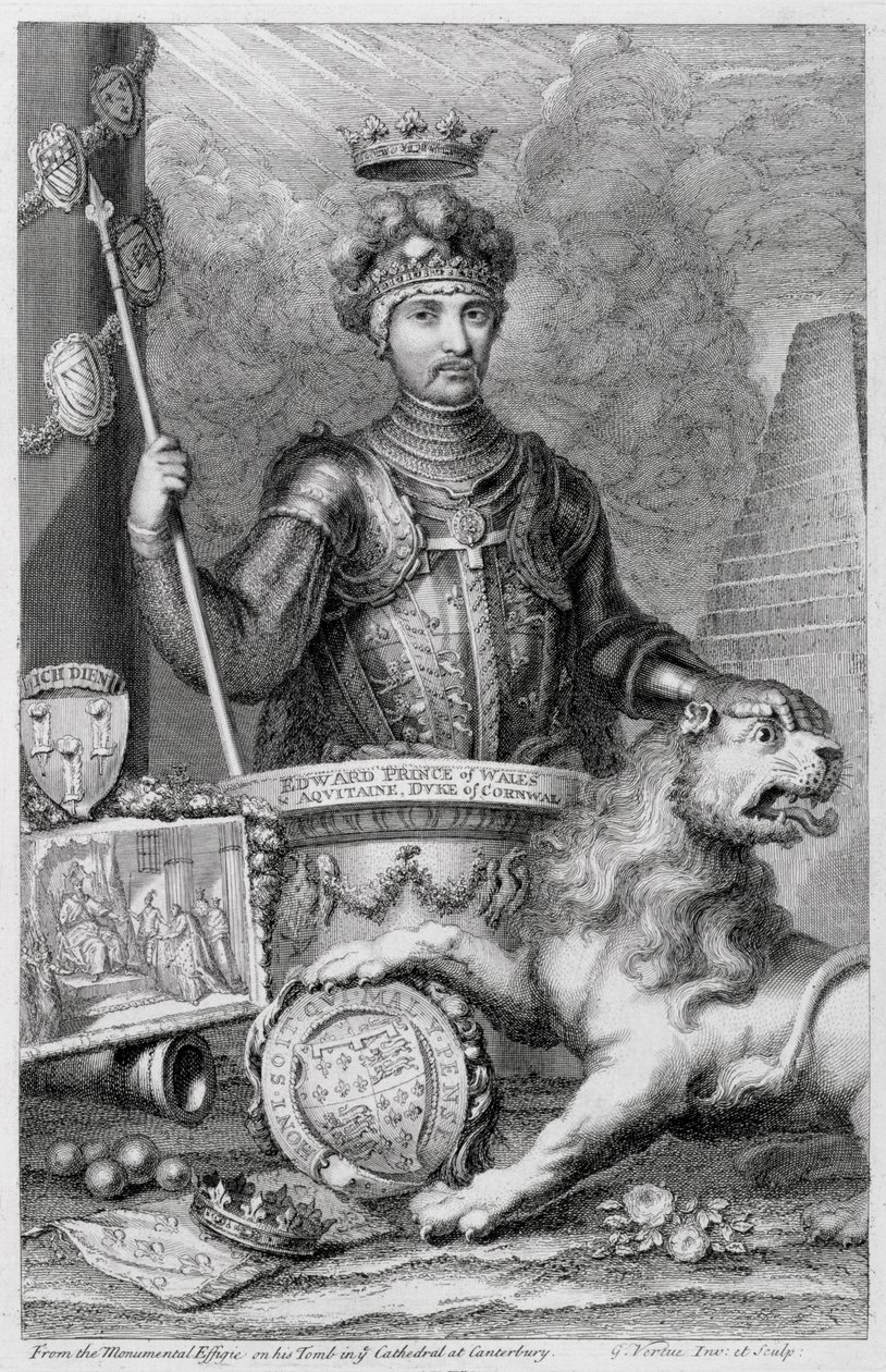 Edward The Black Prince (1330-76) etter det monumentale bildet i Canterbury Cathedral, gravert av kunstneren av George Vertue