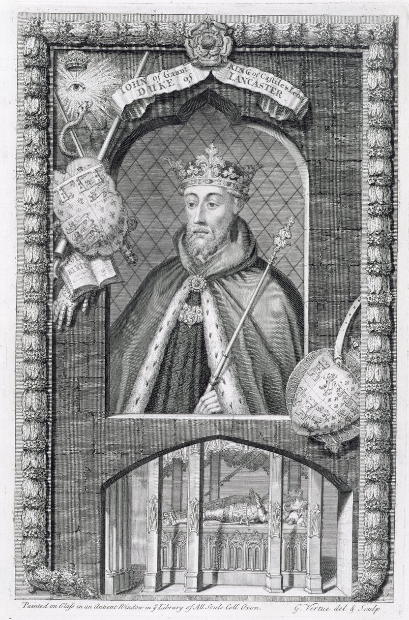 John of Gaunt, Duke of Lancaster (1340-99) etter et maleri på glass i Library of All Souls College, Oxford, gravert av kunstneren av George Vertue