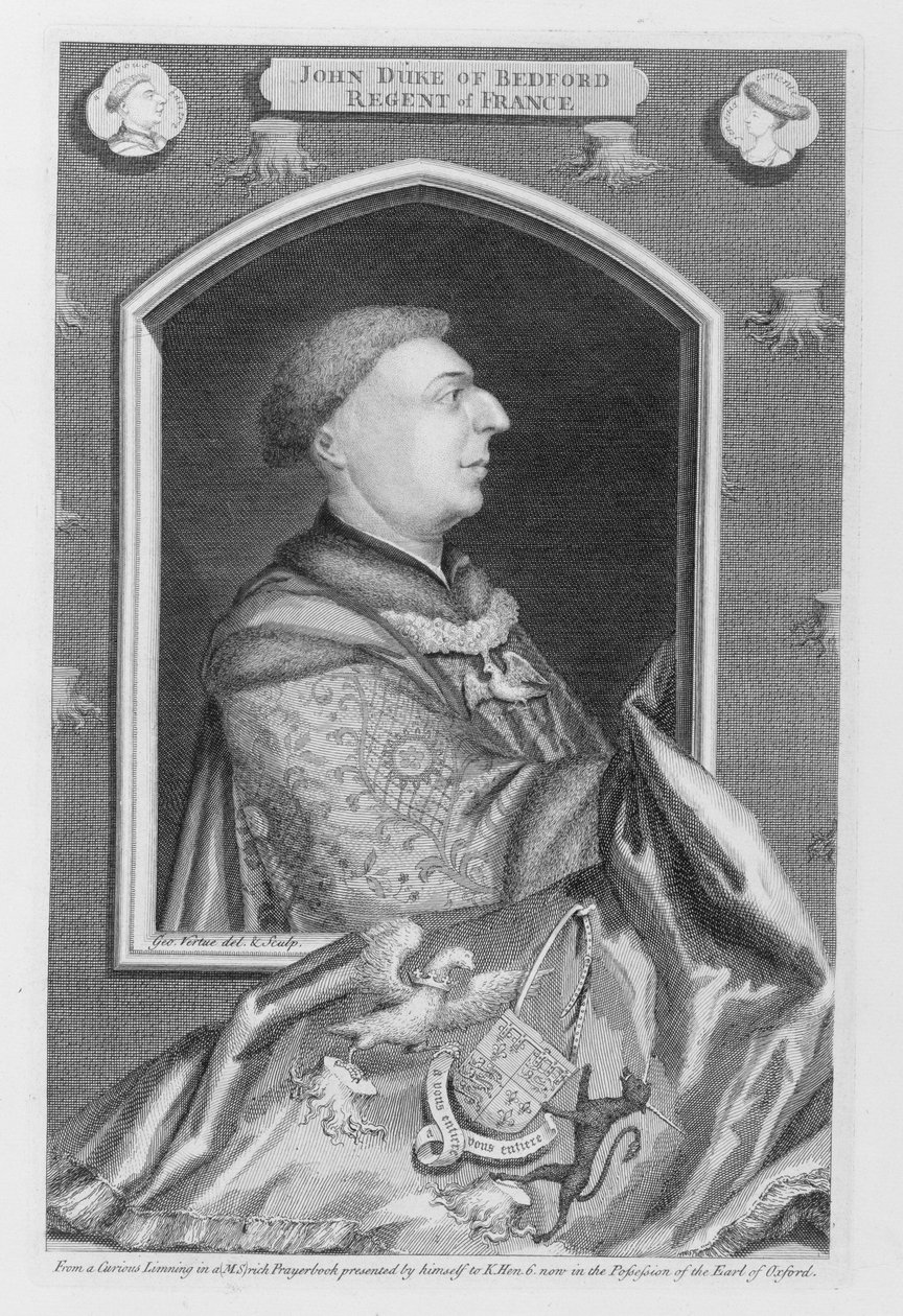 John of Lancaster, Duke of Bedford (1389-1435) etter et portrett i en bønnebok, gravert av kunstneren av George Vertue