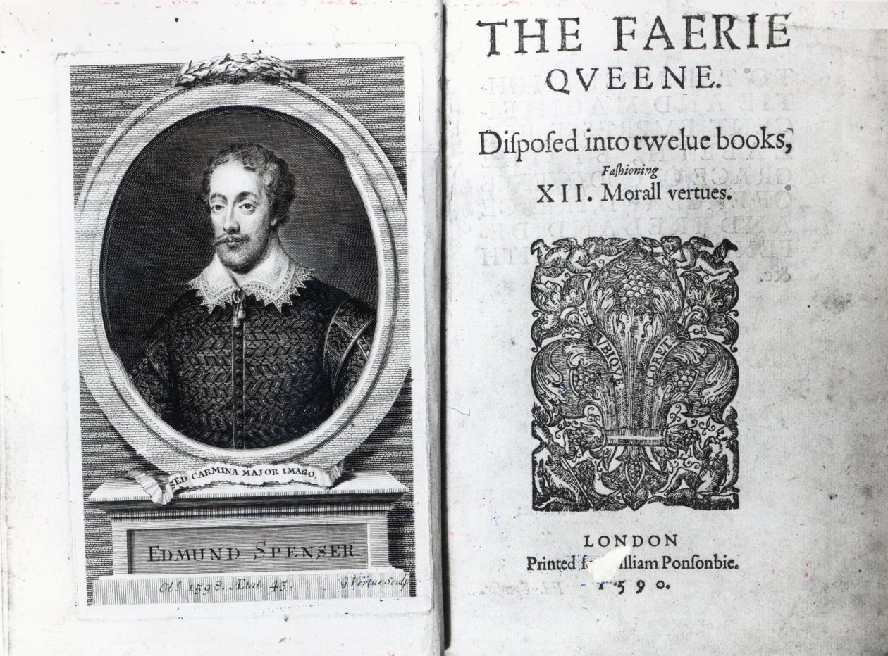 Portrett av Edmund Spenser og frontispicen til diktet hans 