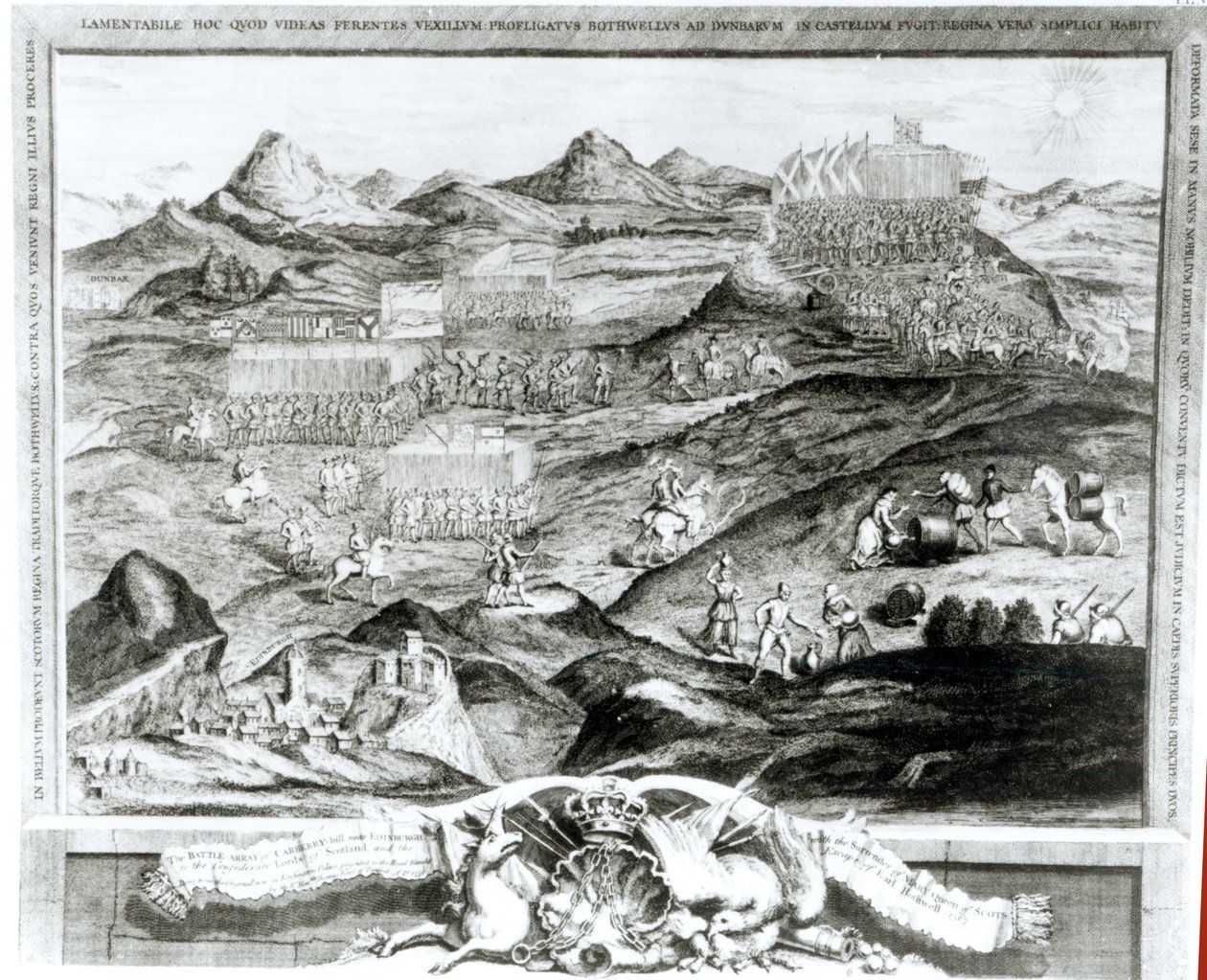 Battle Array of Carberry Hill nær Edinburgh med overgivelsen av Mary, Queen of Scots til de konfødererte Lords of Scotland og Escape of Earl Bothwell i 1567, gravert av kunstneren, 1743 ( av George Vertue