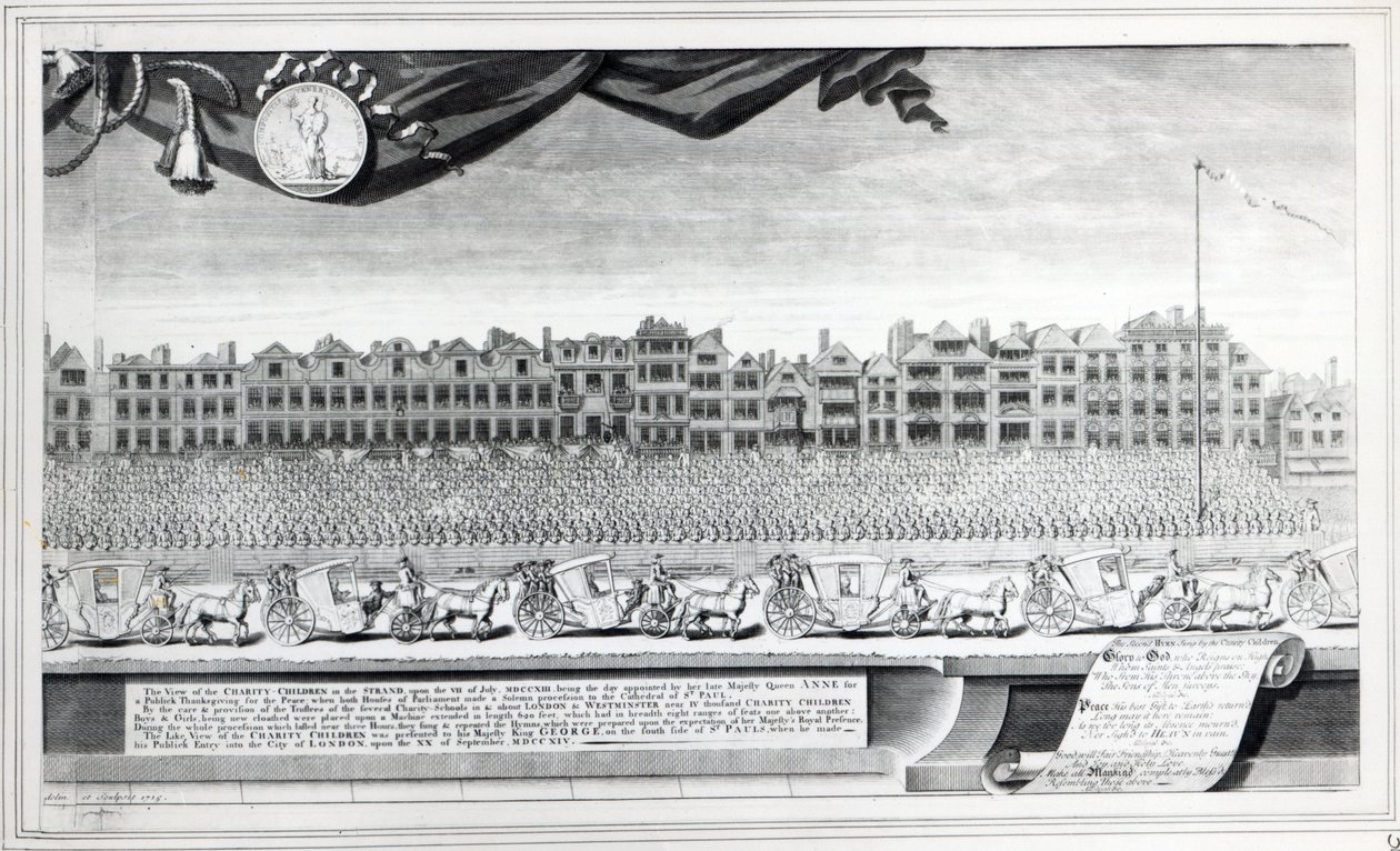 View of the Charity Children in the Strand, 7. juli 1713, trykk laget i 1715 av George Vertue